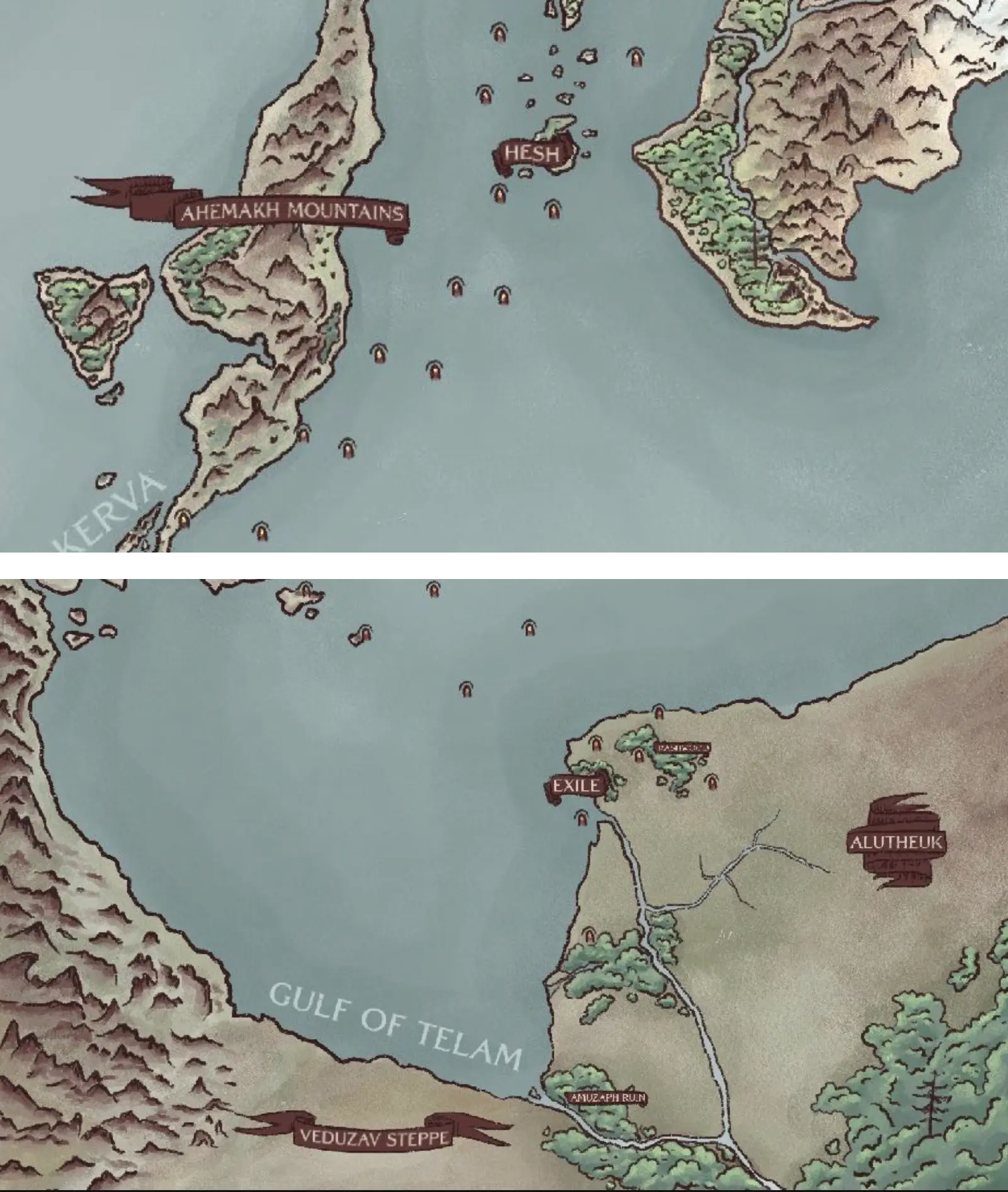 World of Vesser hand-illustrated world maps by Anne Claire Houck showing the continents of Telam and surrounding regions including Exile, Alutheuk, and Ahemakh Mountains