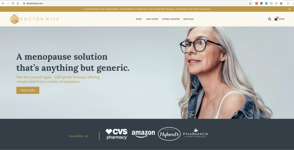 Doctor Wise website homepage showing 'A menopause solution that's anything but generic' hero with retail partner logos including CVS, Amazon, and Pharmaca