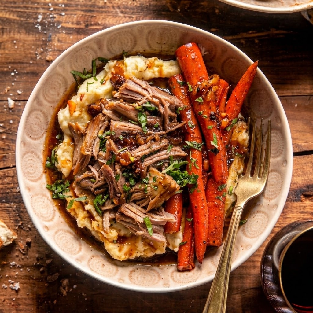 Apple Cider Pot Roast with Creamy Roasted Garlic Mashed Potatoes