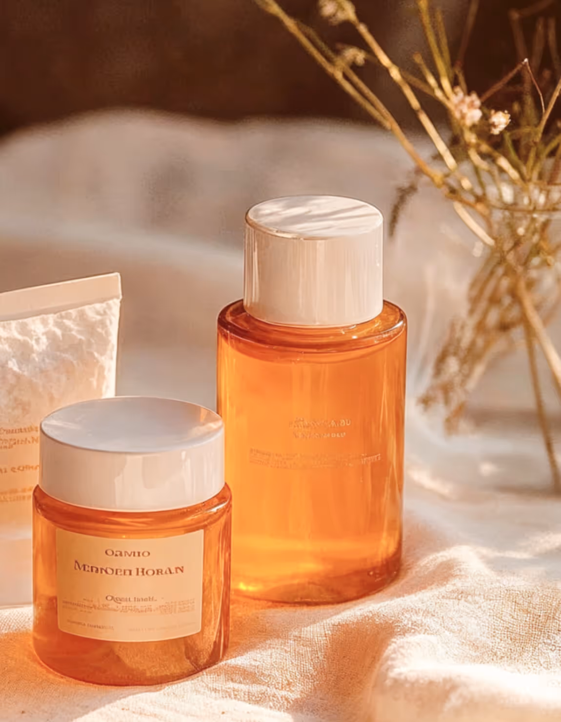 Amber Bottles Flatlay Derma Webflow Template | BRIX Templates