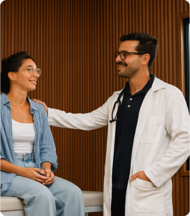 Male doctor with stethoscope smiling and reassuring a seated female patient in a clinic room.