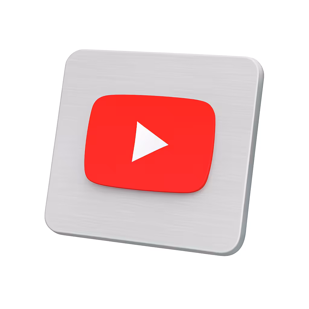 3D YouTube play button icon with a white triangle on a red rounded rectangle, set on a brushed silver square background.