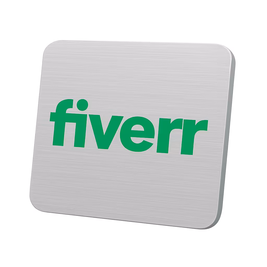 Fiverr logo in green on a rounded rectangular silver metallic plaque.