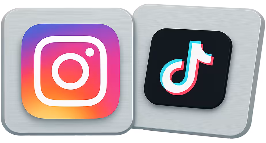 3D icons of Instagram and TikTok logos on rounded square gray backgrounds.