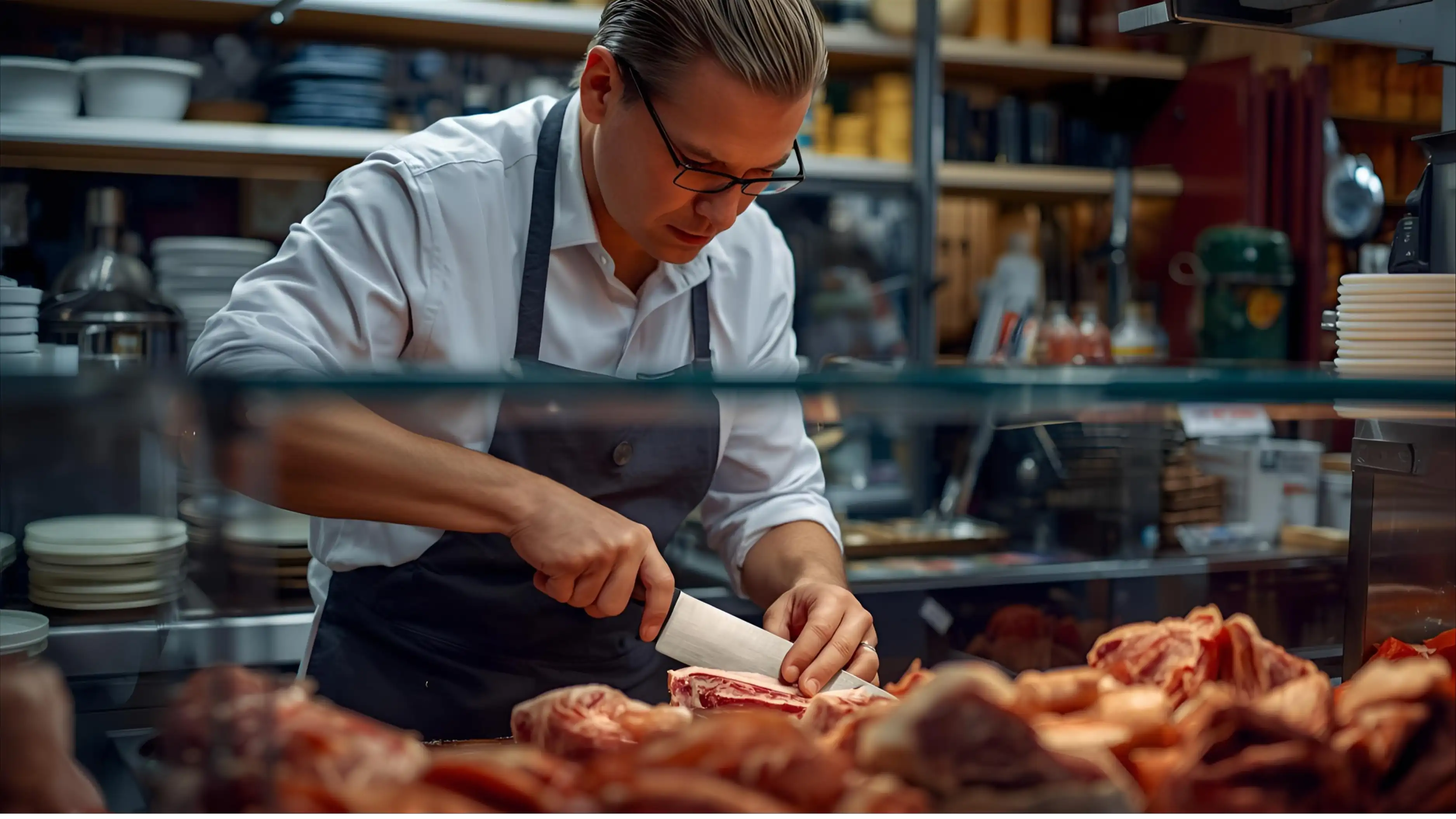Un boucher en train de couper de la viande