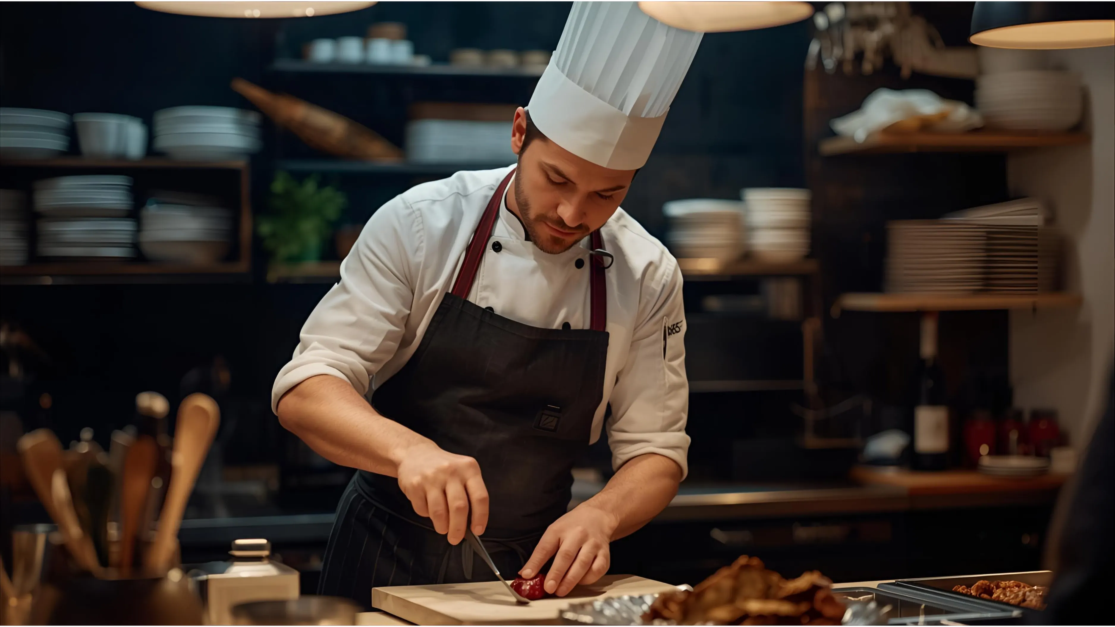 Un chef cuisinier en train de préparer à manger dans sa cuisine
