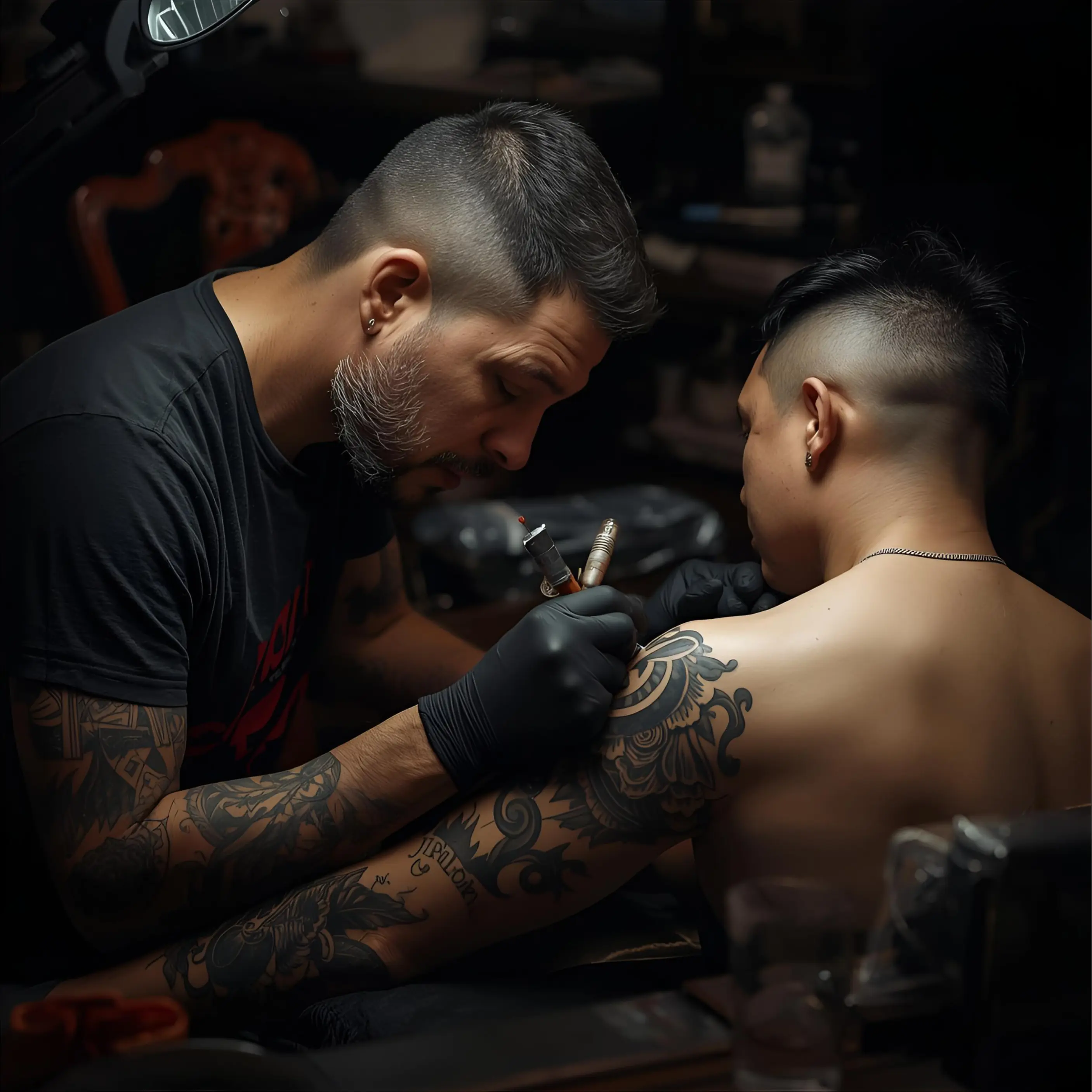 Tatoueur en train de tatouer un client