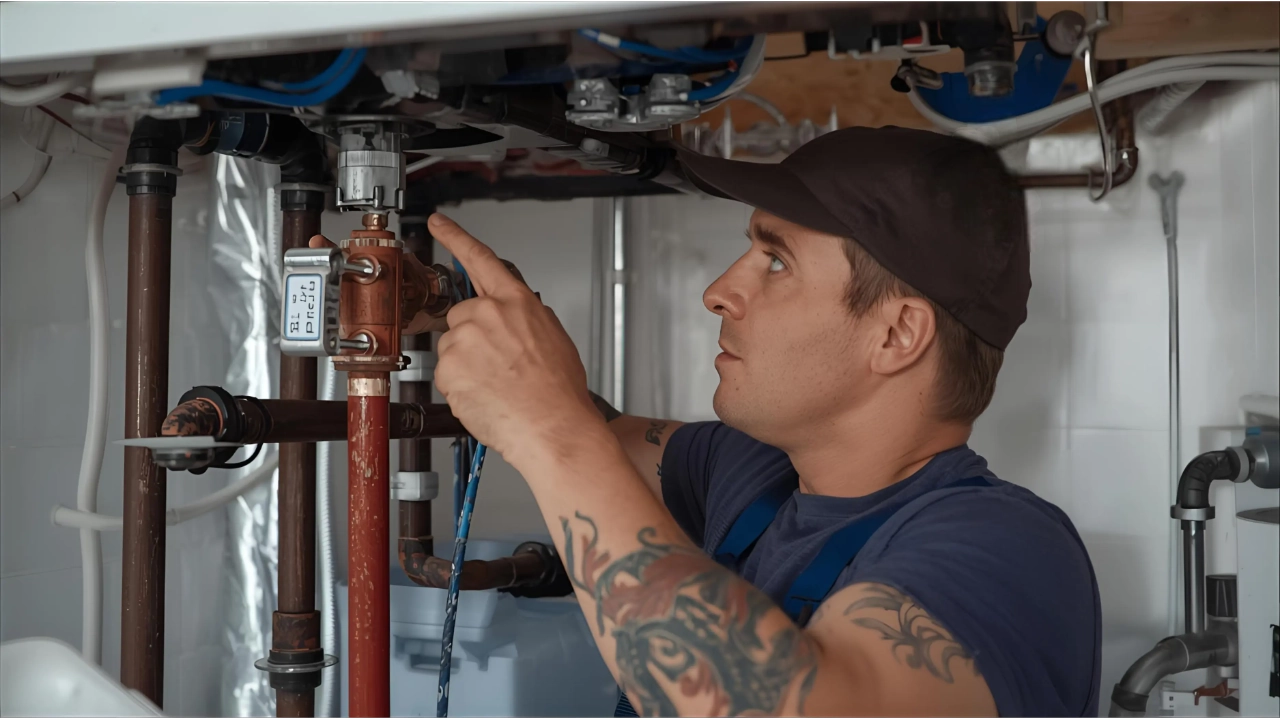 Plombier en train de travailler sous un ballon d'eau chaude