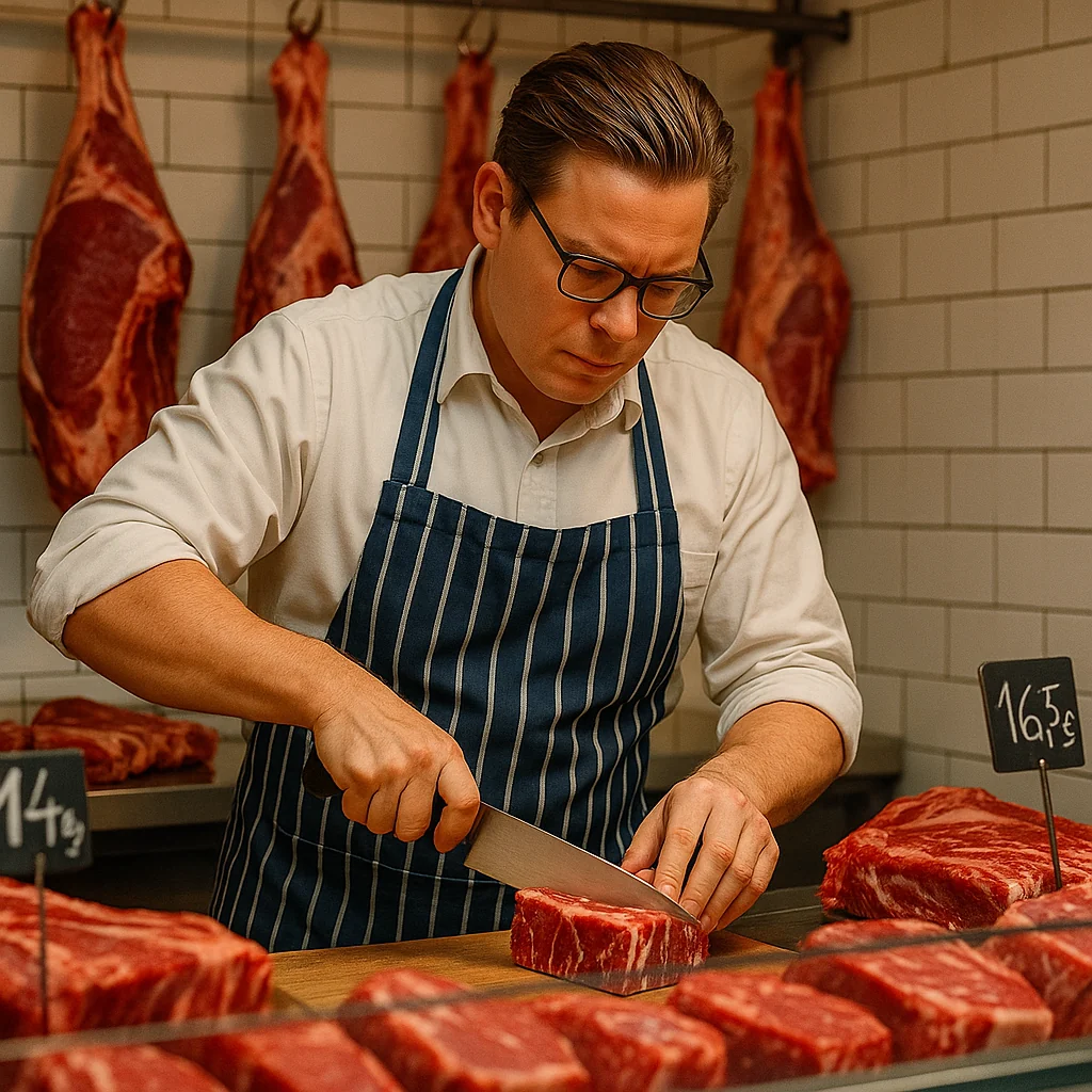 Un boucher en train de couper de la viande