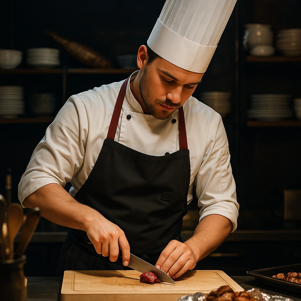 Un chef cuisinier en train de préparer à manger dans sa cuisine