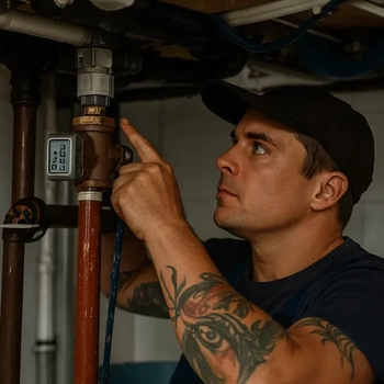 Plombier en train de travailler sous un ballon d'eau chaude