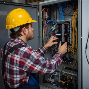 Électricien en train de travailler dans une armoire électrique