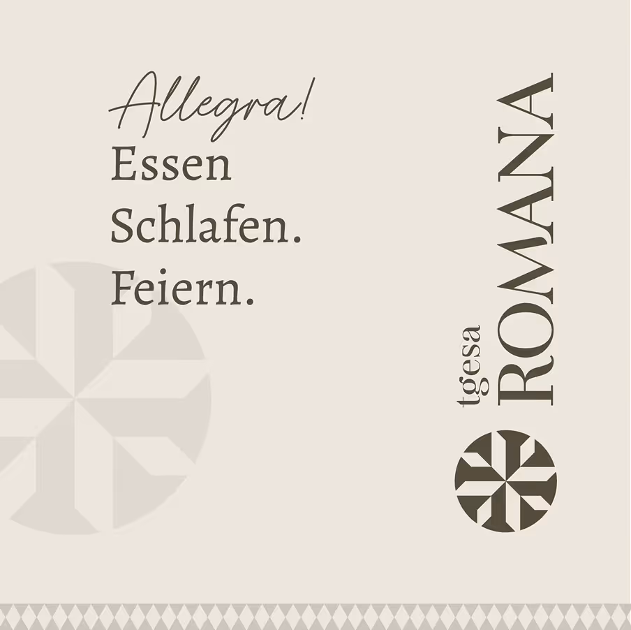 Katja Saenze Grafik-Art mit Text: Allegra! Essen Schlafen. Feiern. tessaRomawa Designplakat
