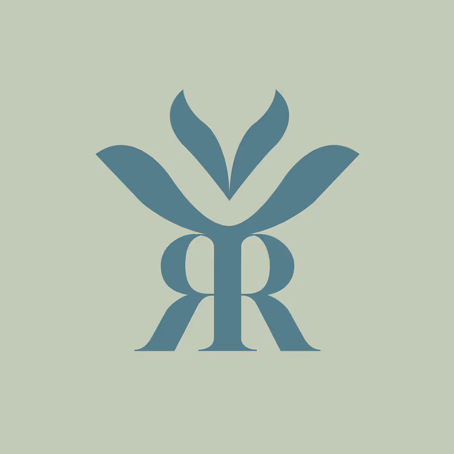 Katja Saenze Grafik-Art Logo, stilisiertes blaugrünes Symbol mit eleganten Blattformen
