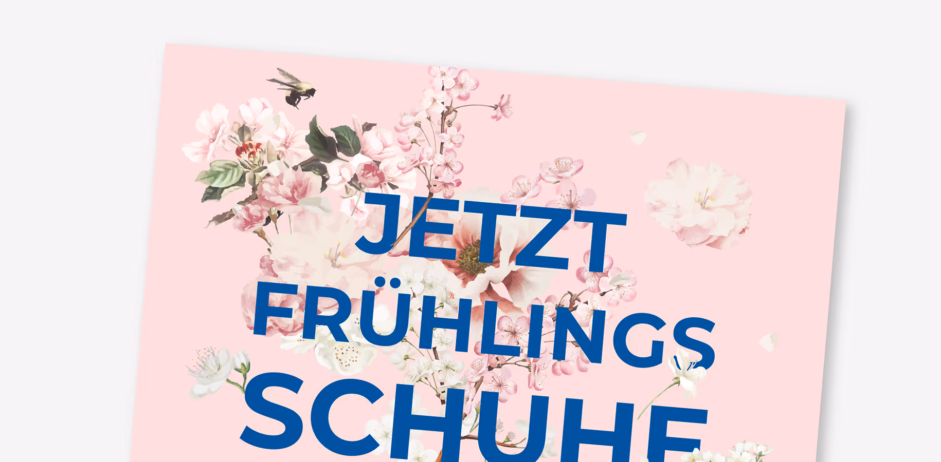 Katja Saenze Grafik-Art, Frühjahrsgrußkarte mit Blüten und blauem Schriftzug auf rosa Hintergrund