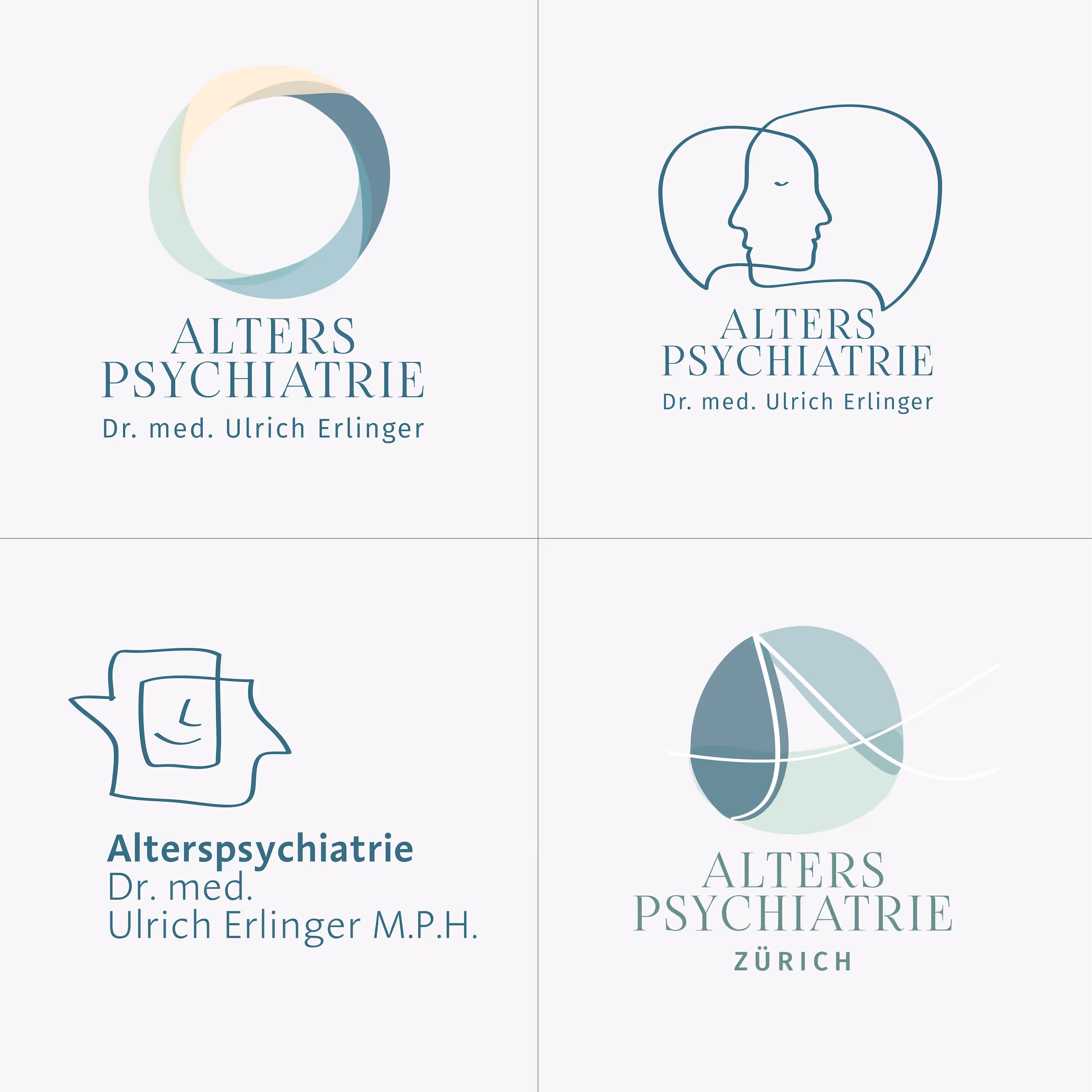 Katja Saenze Grafik-Art zeigt vier moderne Psychiatrie-Logos in minimalistischem Design.