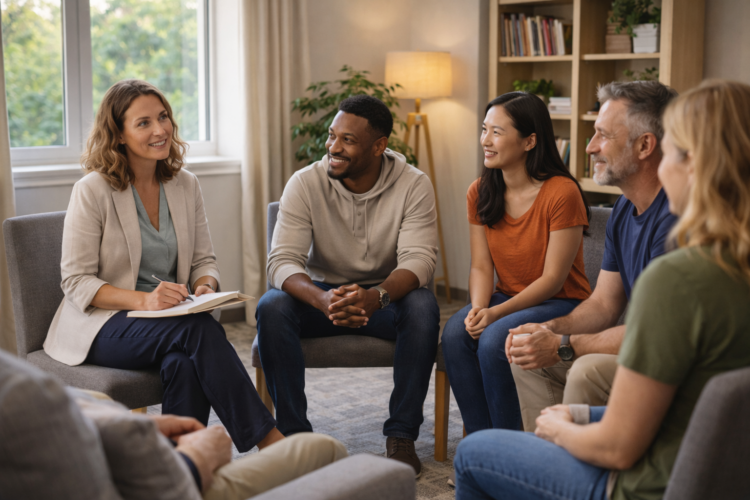 A small group of adults in a supportive therapy session at an outpatient recovery center in Nampa, Idaho, sitting in a circle with a counselor, natural light, warm and hopeful atmosphere.