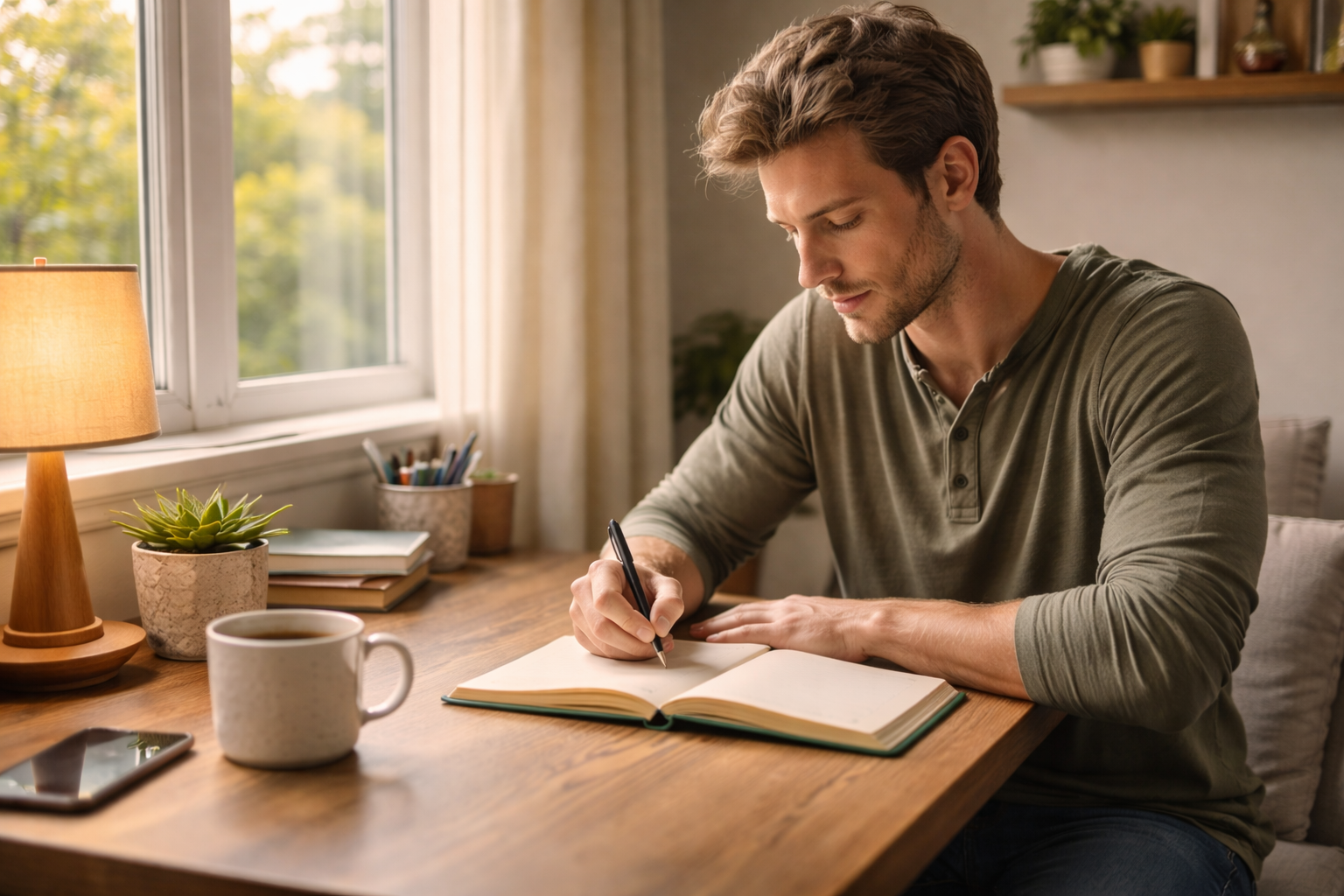  A person writing in a recovery journal at a sunlit desk, symbolizing personal growth and daily commitment to sobriety during an outpatient program.