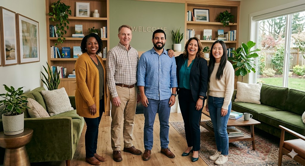 A warm, professional addiction treatment team gathered together in a modern counseling office in Nampa, Idaho, smiling and approachable, representing a family-run recovery center with lived experience