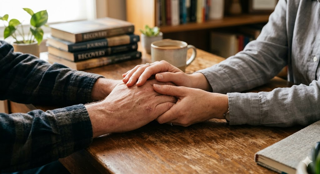 Close-up of two hands clasped together across a desk in a counseling session, symbolizing trust, partnership, and the compassionate approach of a family-run addiction treatment center