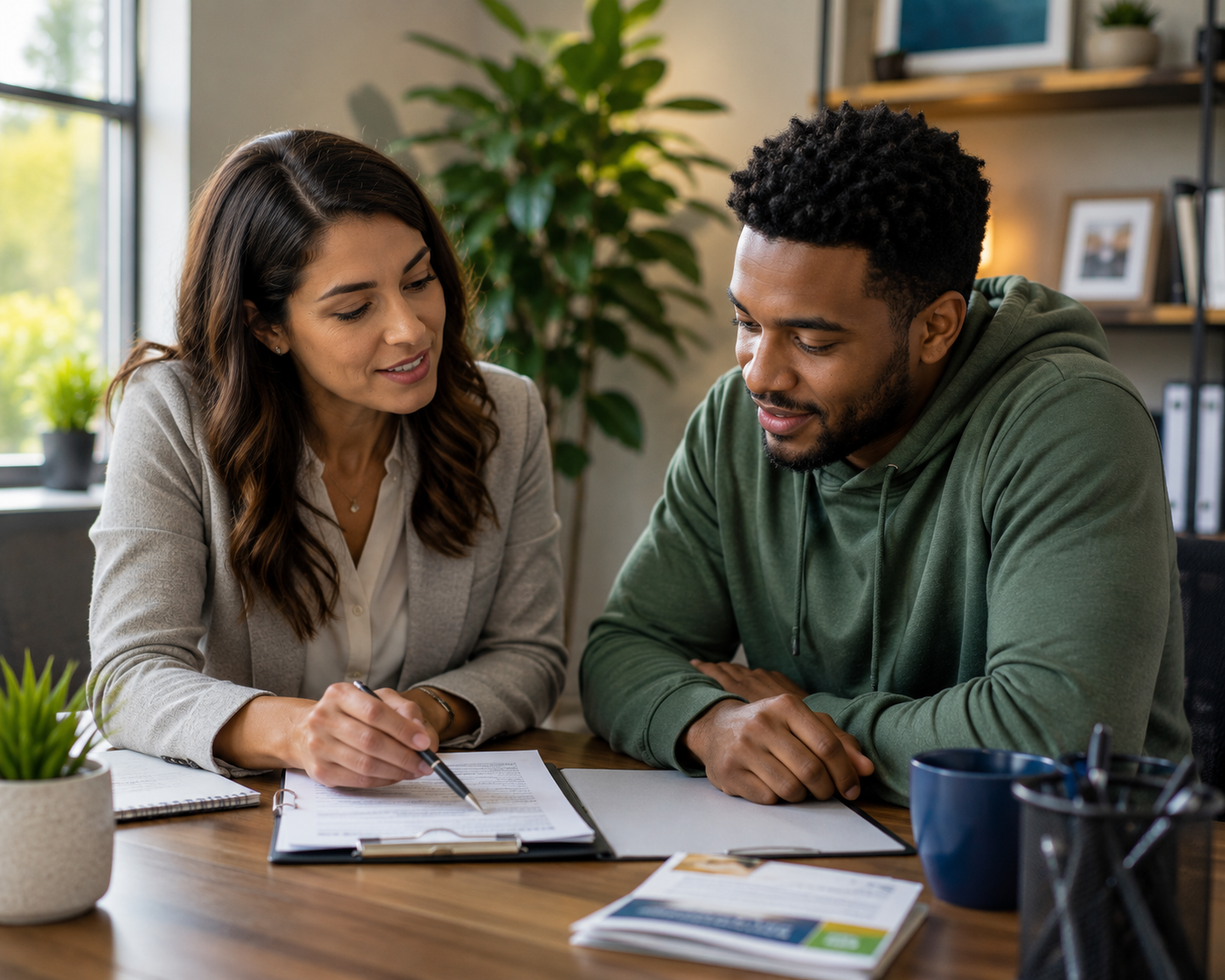 A recovery case manager sitting across from a client at a desk, reviewing documents and resources together in a warm, professional office setting in Nampa, Idaho