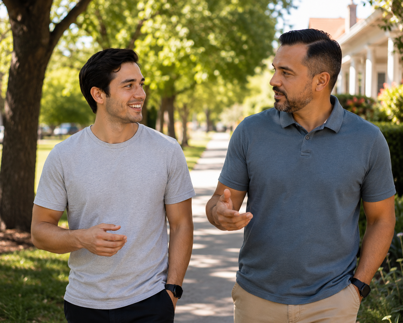 A recovery coach and client walking together outside in a park in Nampa, Idaho, in conversation, representing accountability, community, and daily life support in addiction recovery