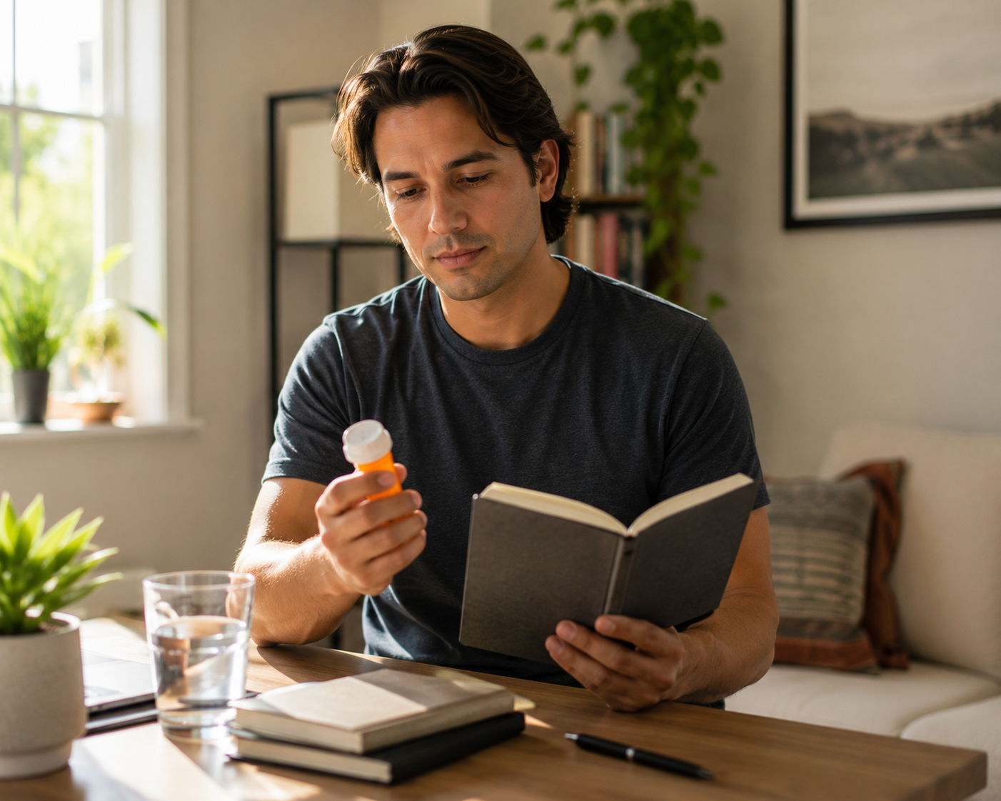 A person holding a medication prescription bottle in one hand and a journal in the other, sitting in a calm room, representing the role of medication management in supporting daily recovery from addiction
