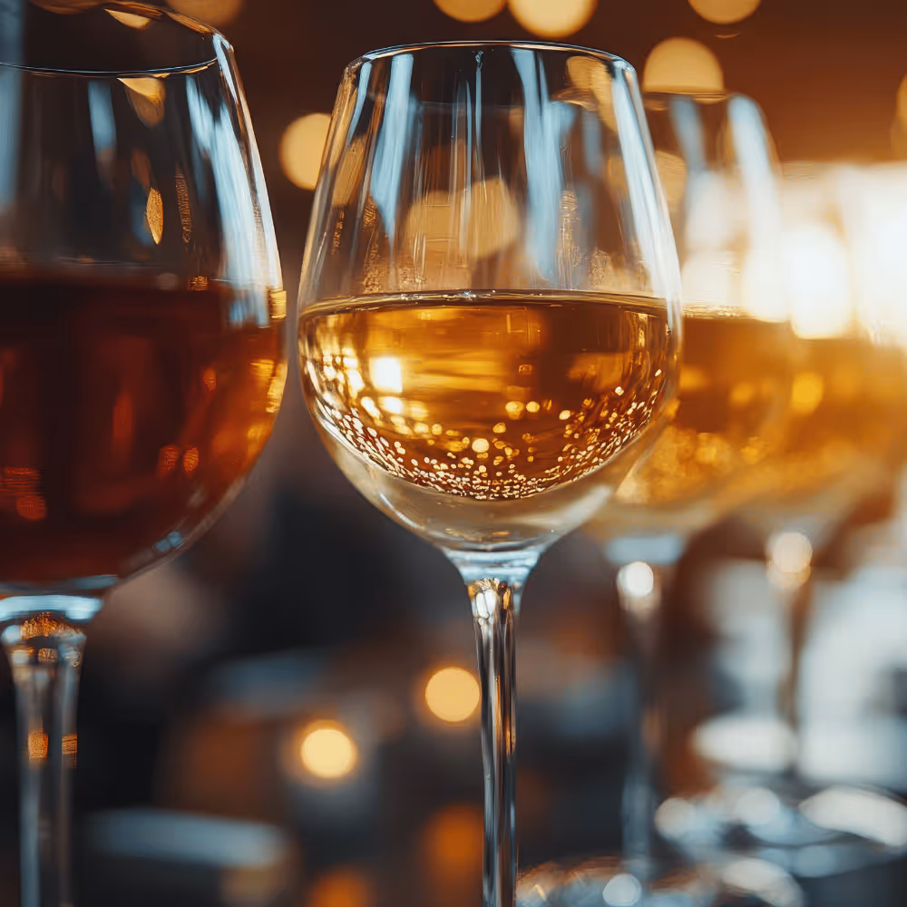 Close-up of wine glasses filled with white and red wine against warm, blurred lights.