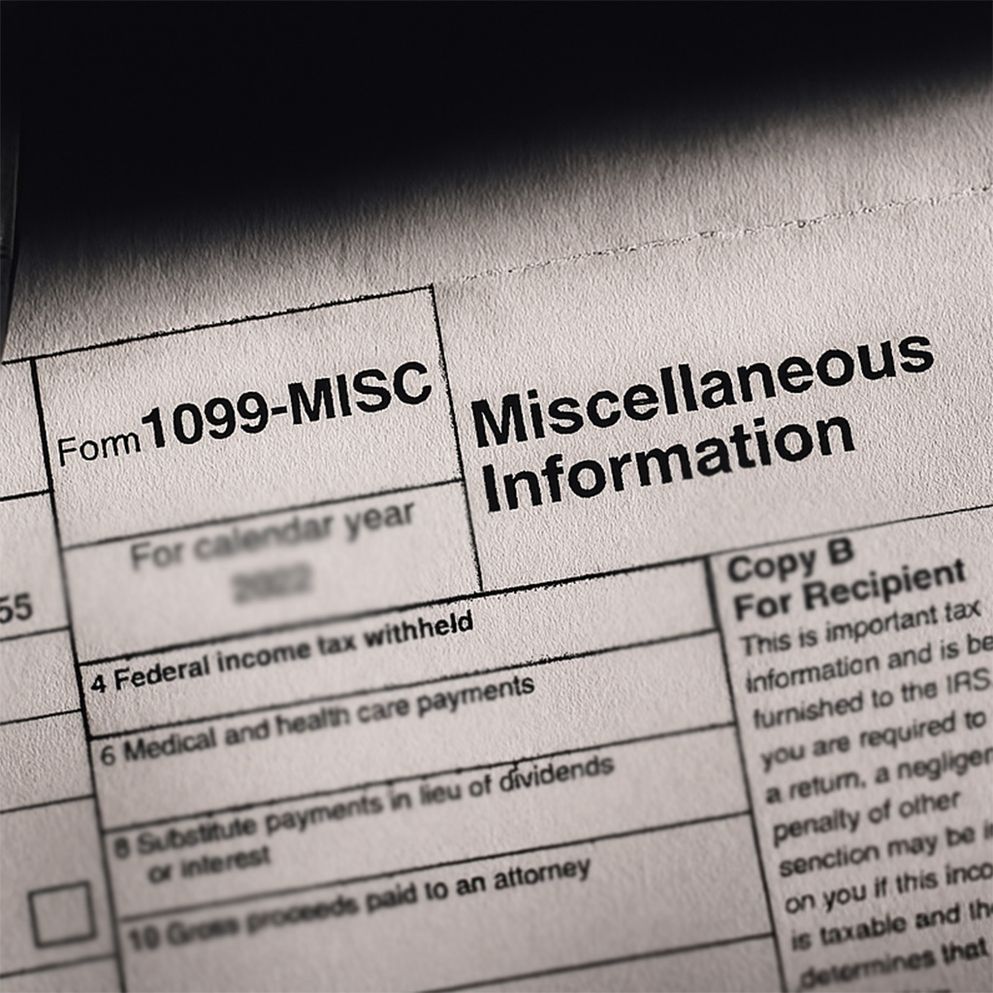 Close-up of IRS Form 1099-MISC used for reporting miscellaneous income and tax information for businesses.