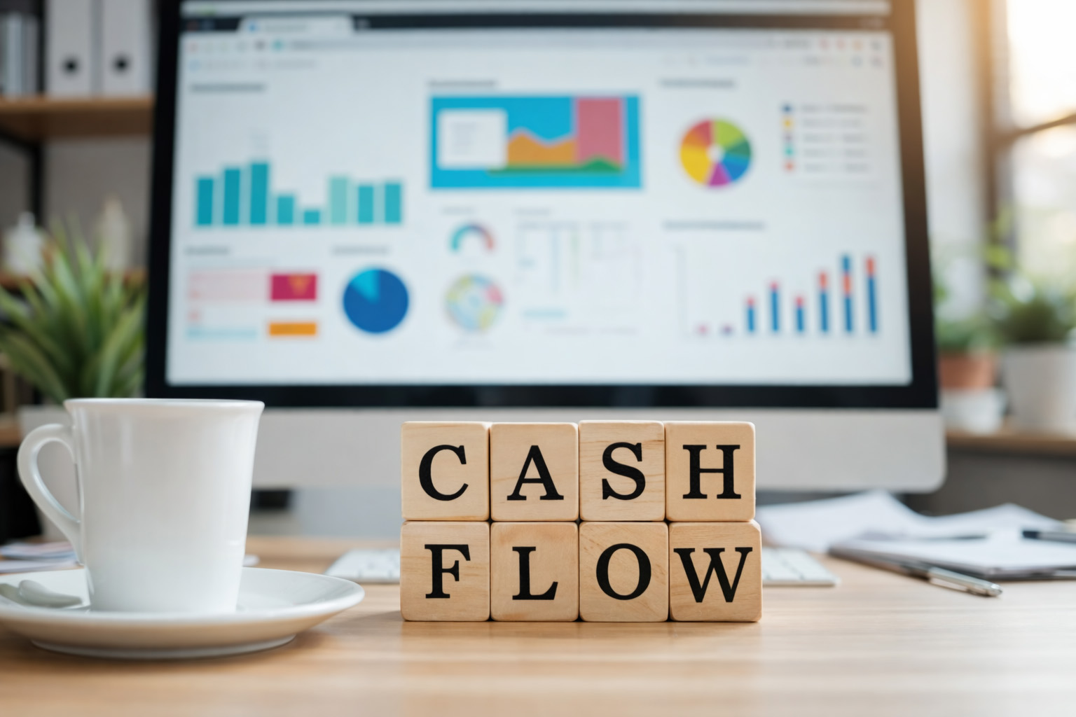 Wooden blocks spelling "Cash Flow" on a desk with coffee cup and financial dashboard on screen