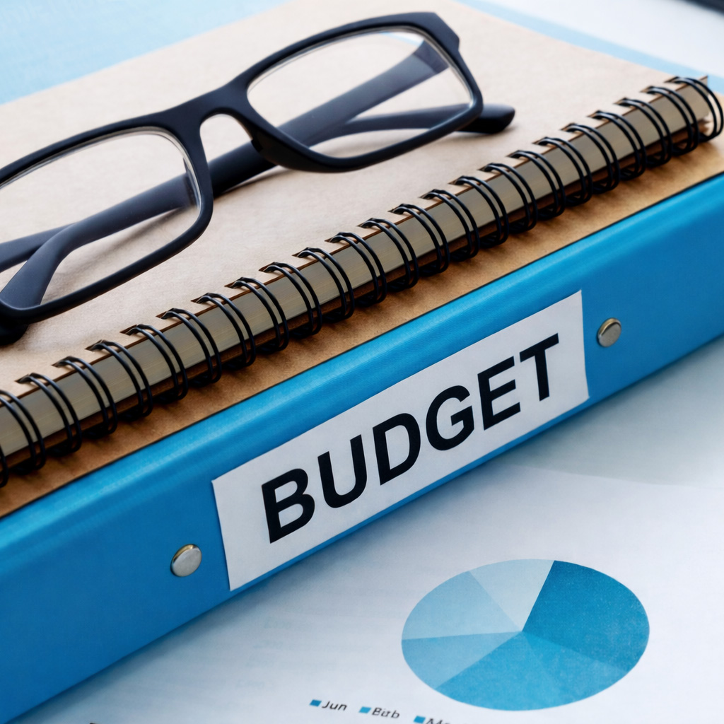 Blue binder labeled "Budget" with reading glasses on top, resting on financial reports