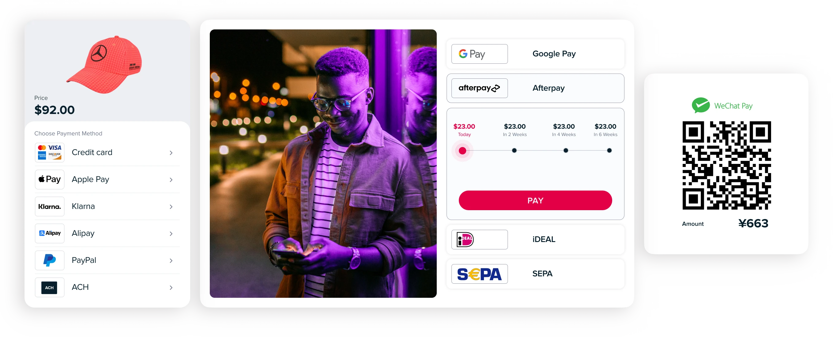 An illustration showing Nnvei's full payment solution process divided into 3 stages with a man in the middle buying a cap on mobile. 