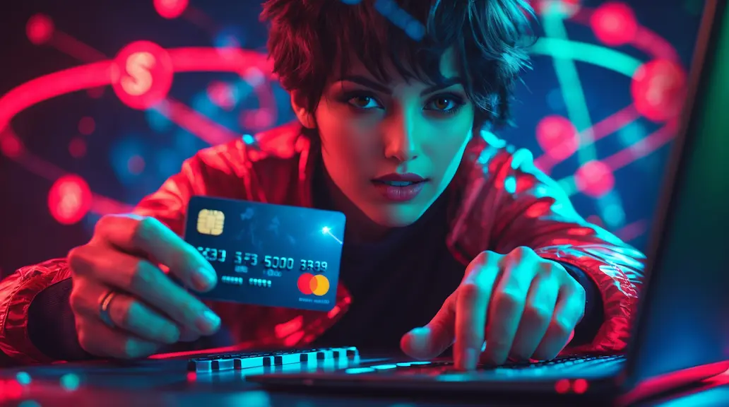 A person holding a credit card and using a laptop for online shopping, with digital icons of money, bank cards and tech