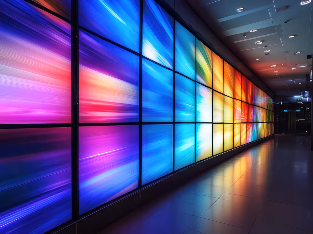 Digital signage on a wall covered in TV screens.