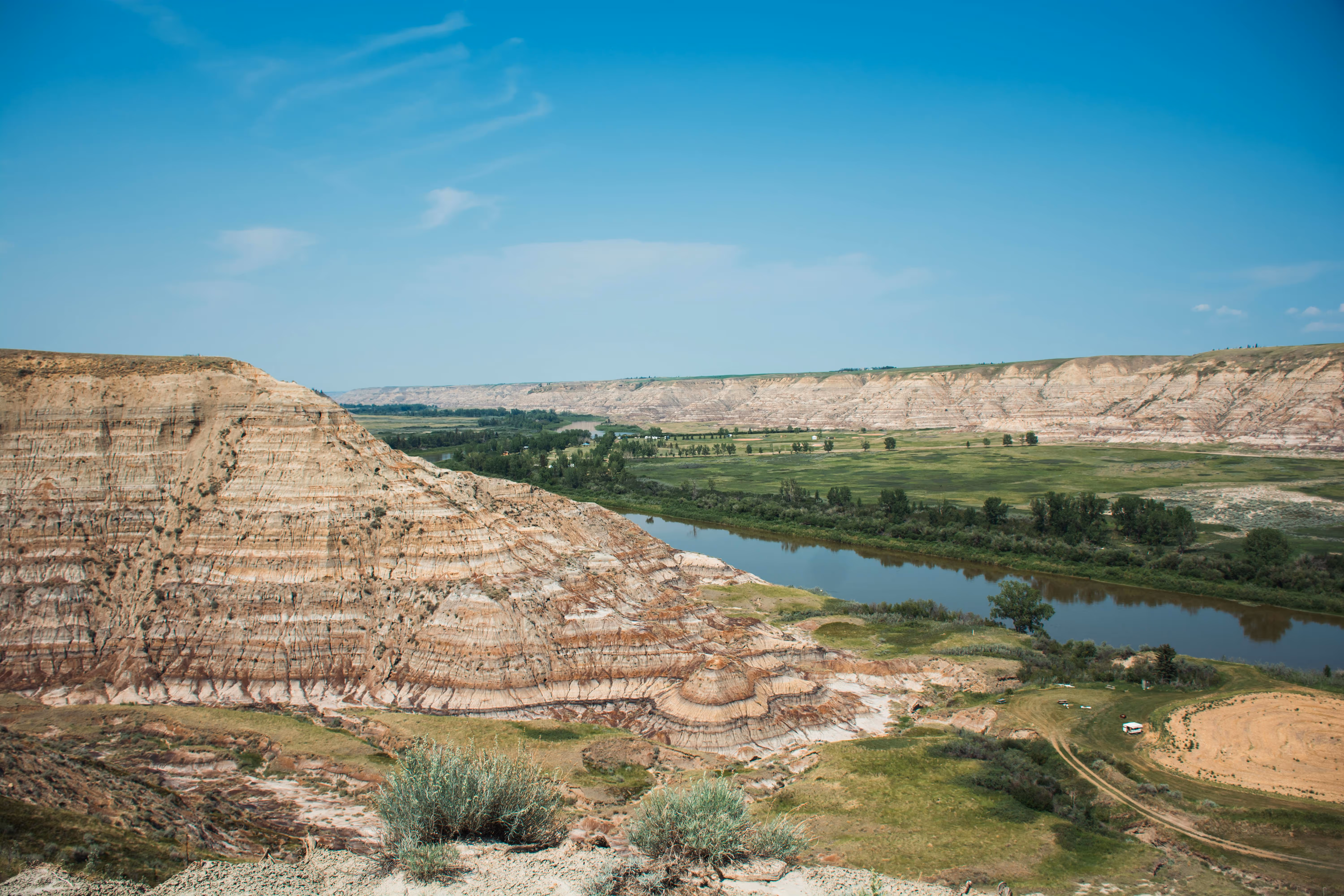 Mountains and river in the badlands of Drumheller, Alberta.