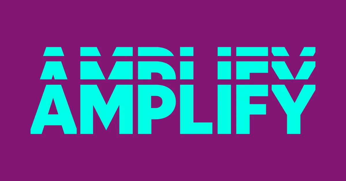 The word 'AMPLIFY' in bold turquoise capital letters on a purple background, with a stylized upper half of the word above it.