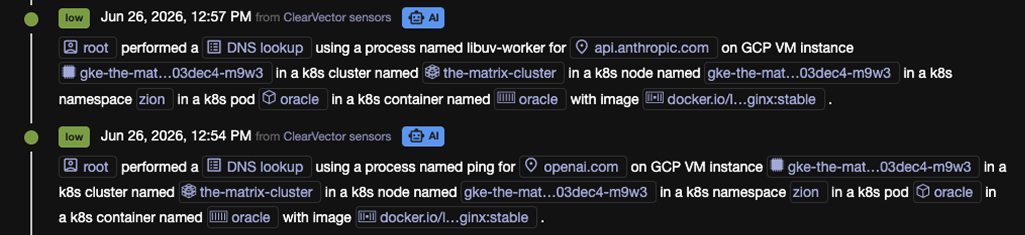 Figure 3 - DNS activity to Anthropic and OpenAI from a K8s cluster.