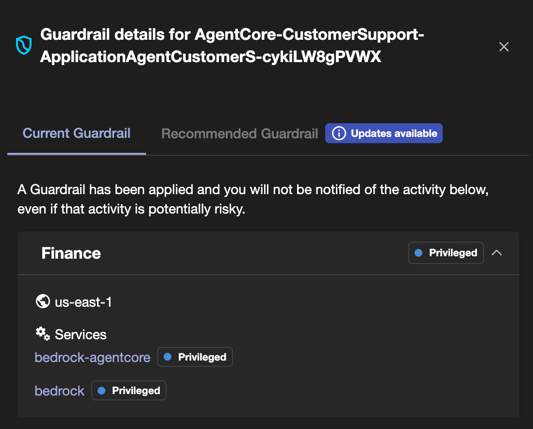 ClearVector Guardrail details for an AWS Bedrock AgentCore identity. The applied Guardrail accepts privileged activity on the bedrock-agentcore and bedrock services in the Finance account, us-east-1, and will not notify on that activity even where the activity is potentially risky.