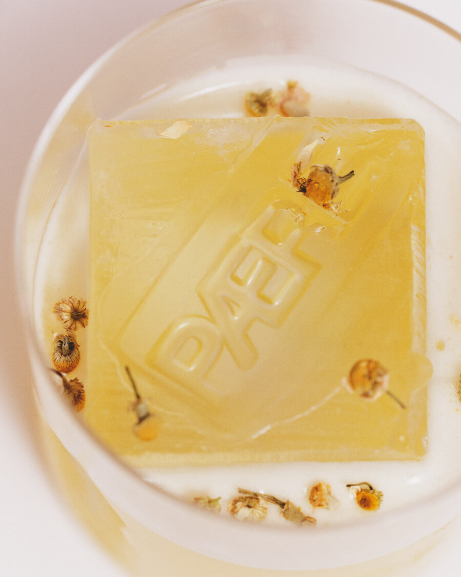 top down view of drink with paere branded ice cube