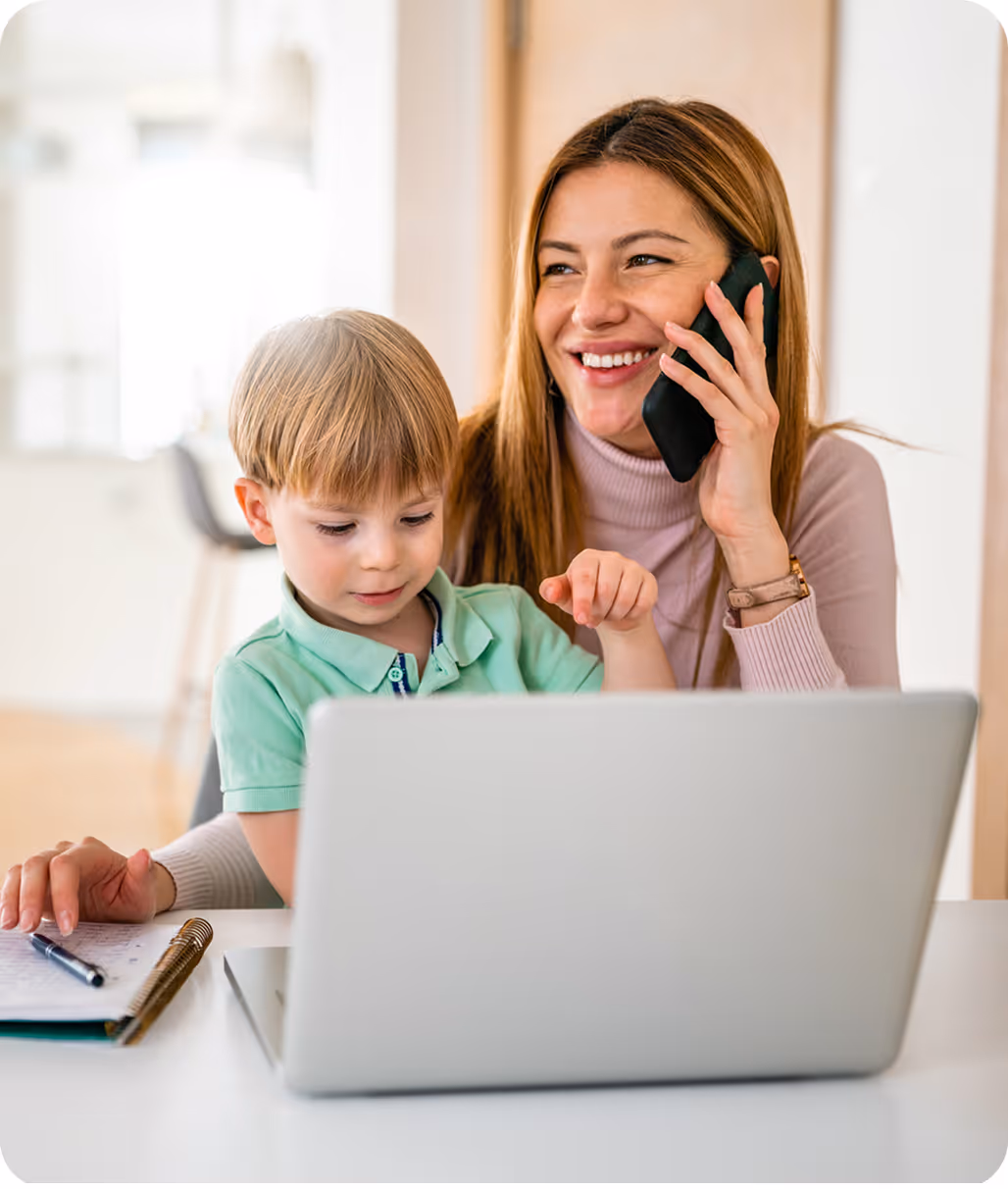 woman on phone with child