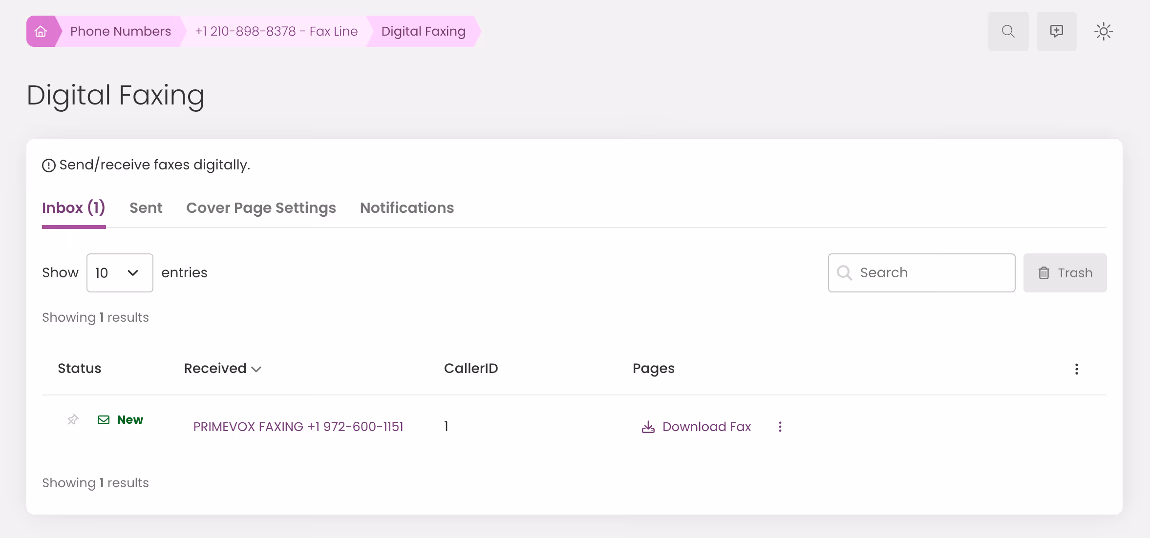 Digital faxing inbox interface showing one new fax from PRIMEVOX FAXING with caller ID and option to download fax.