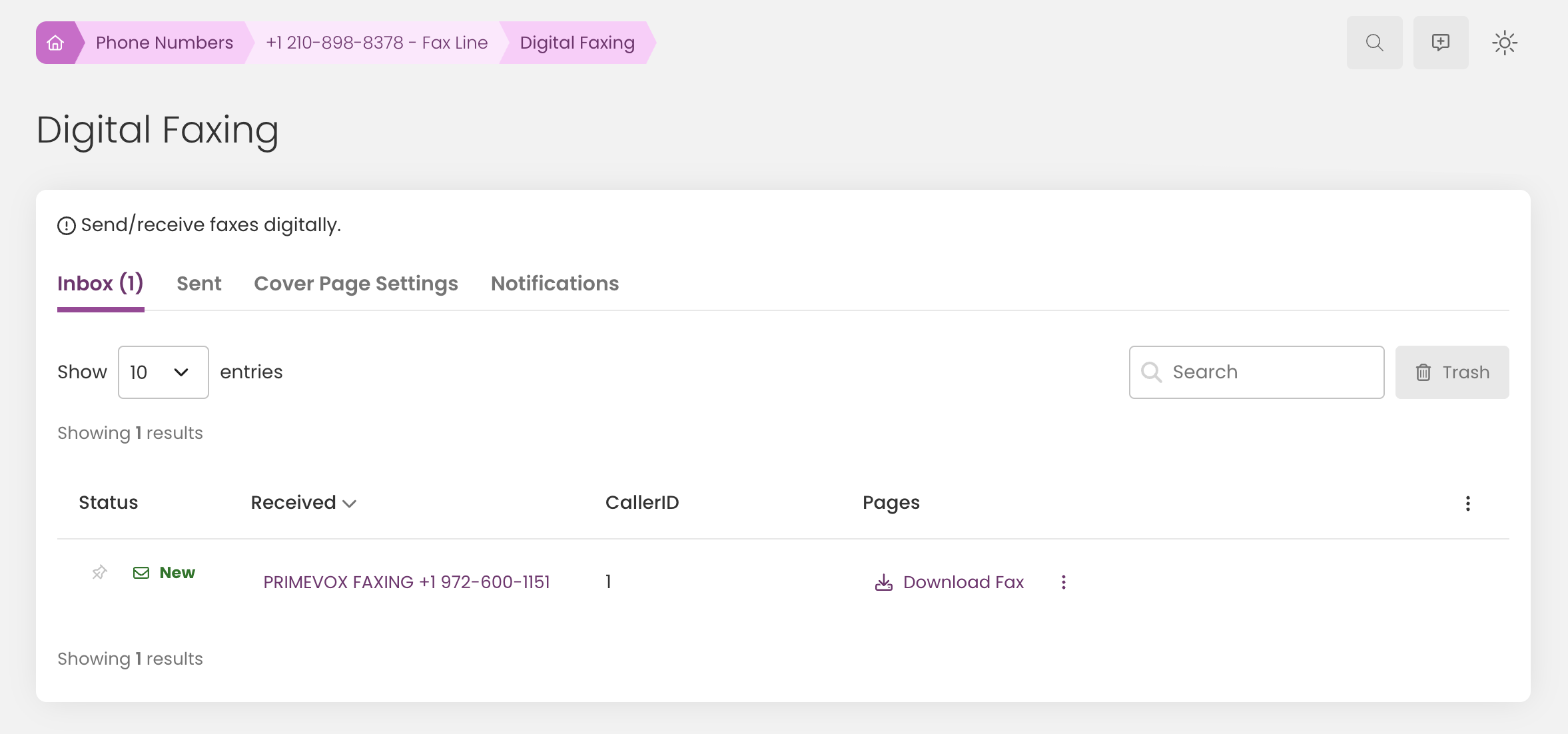 Digital faxing inbox interface showing one new fax from PRIMEVOX FAXING with caller ID and option to download fax.