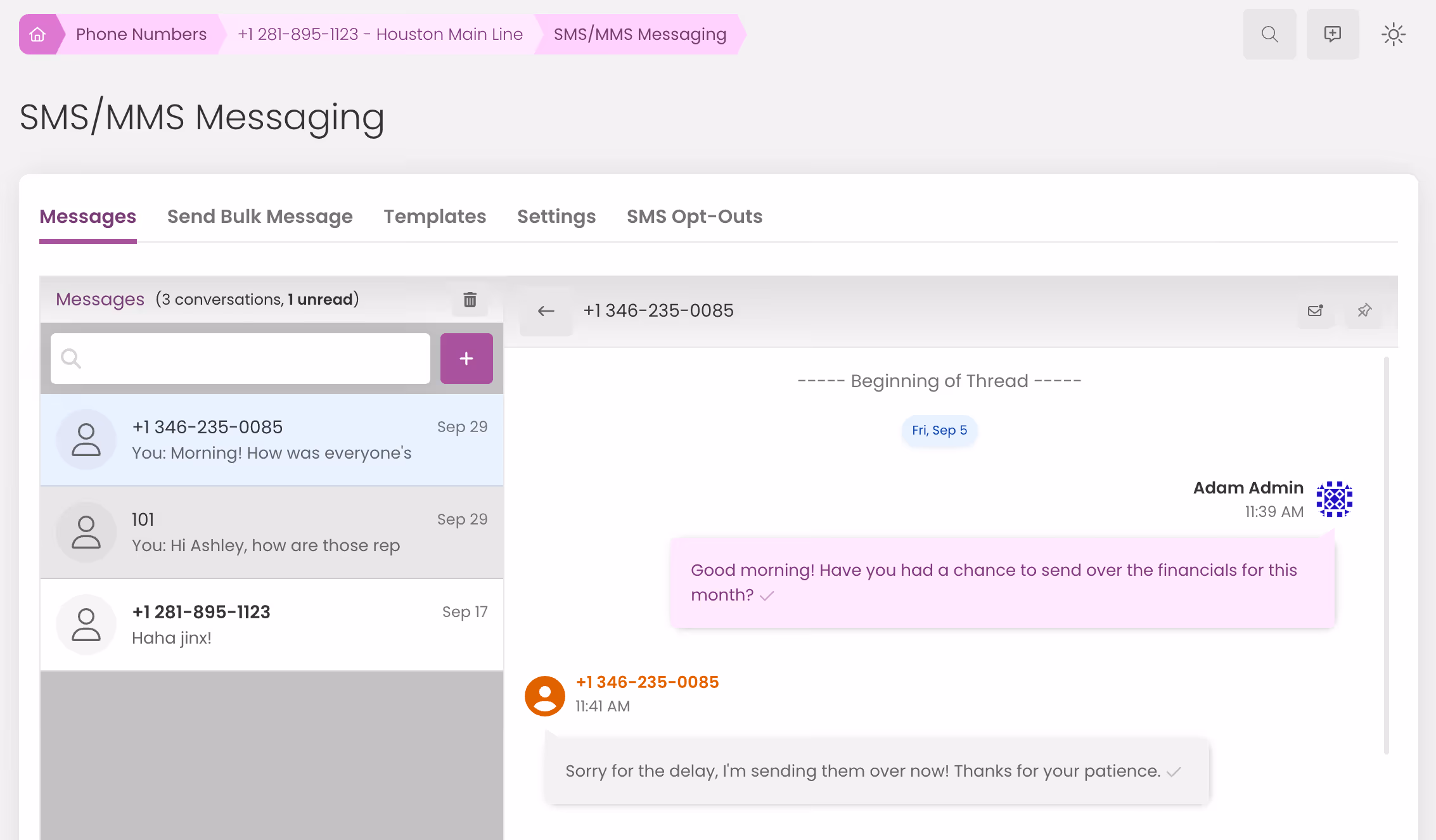 Screenshot of an SMS/MMS messaging interface showing a conversation between Adam Admin and a contact +1 346-235-0085 discussing sending financials for the month.