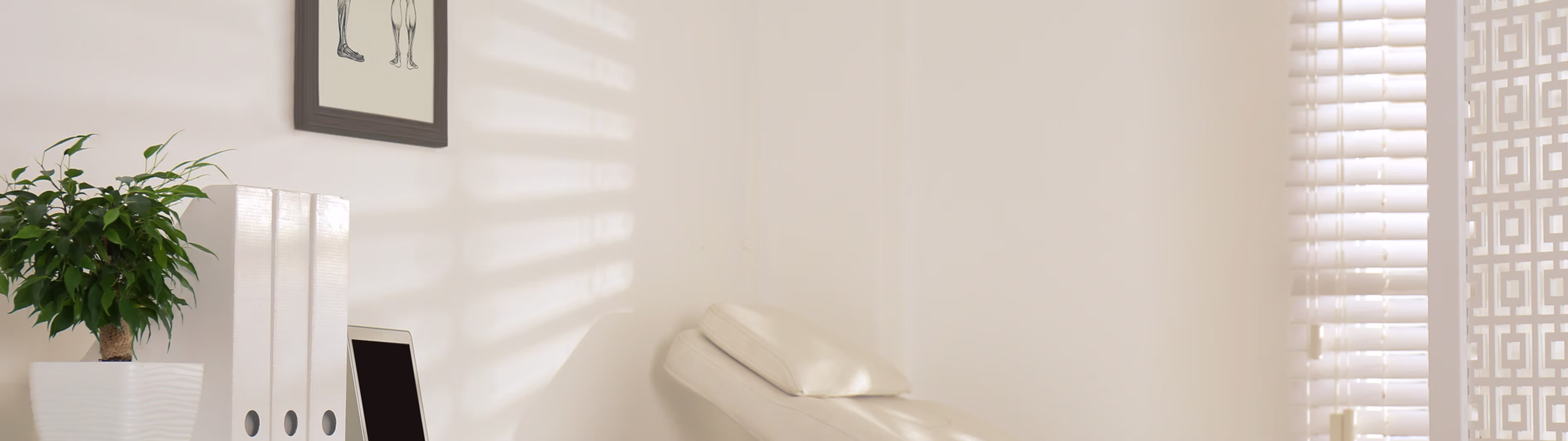 Bright medical or therapy room with a white treatment chair, potted plant, desk with folders and a laptop, anatomical leg drawing on the wall, and window blinds.