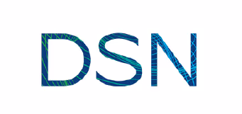 The letters DSN with a pattern of diagonal blue and green stripes inside each letter on a white background.