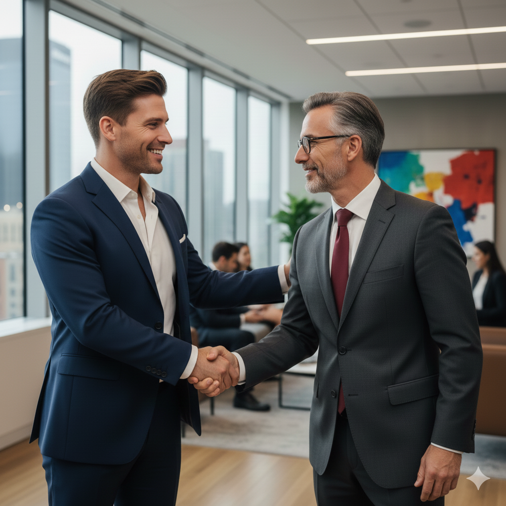 Two professional men in suits smiling and shaking hands in a modern office with large windows.