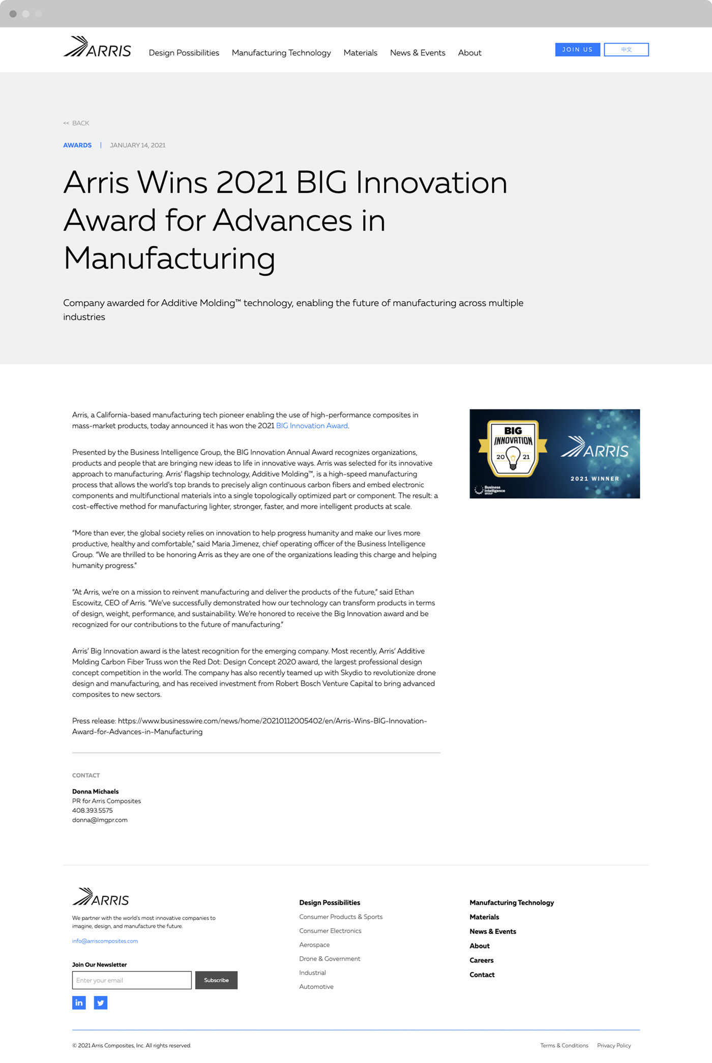 Arris Composites Advance Manufacturing Website Design