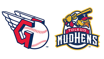 Logos of Toledo baseball teams: a winged baseball with a stylized T on the left, and a Mud Hens cartoon bird batter with a bat on the right.