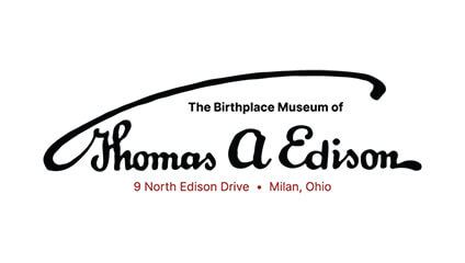 Logo of The Birthplace Museum of Thomas A Edison with address 9 North Edison Drive, Milan, Ohio.