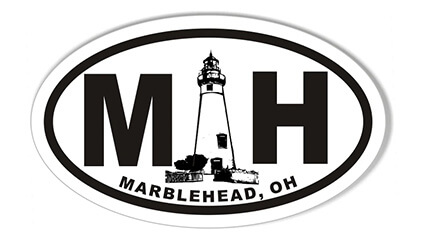 Black and white oval sticker with letters M and H flanking a lighthouse, and text 'Marblehead, OH' beneath.